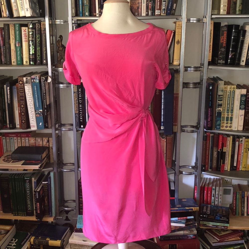 Bright pink Donna Morgan with sash tie waist